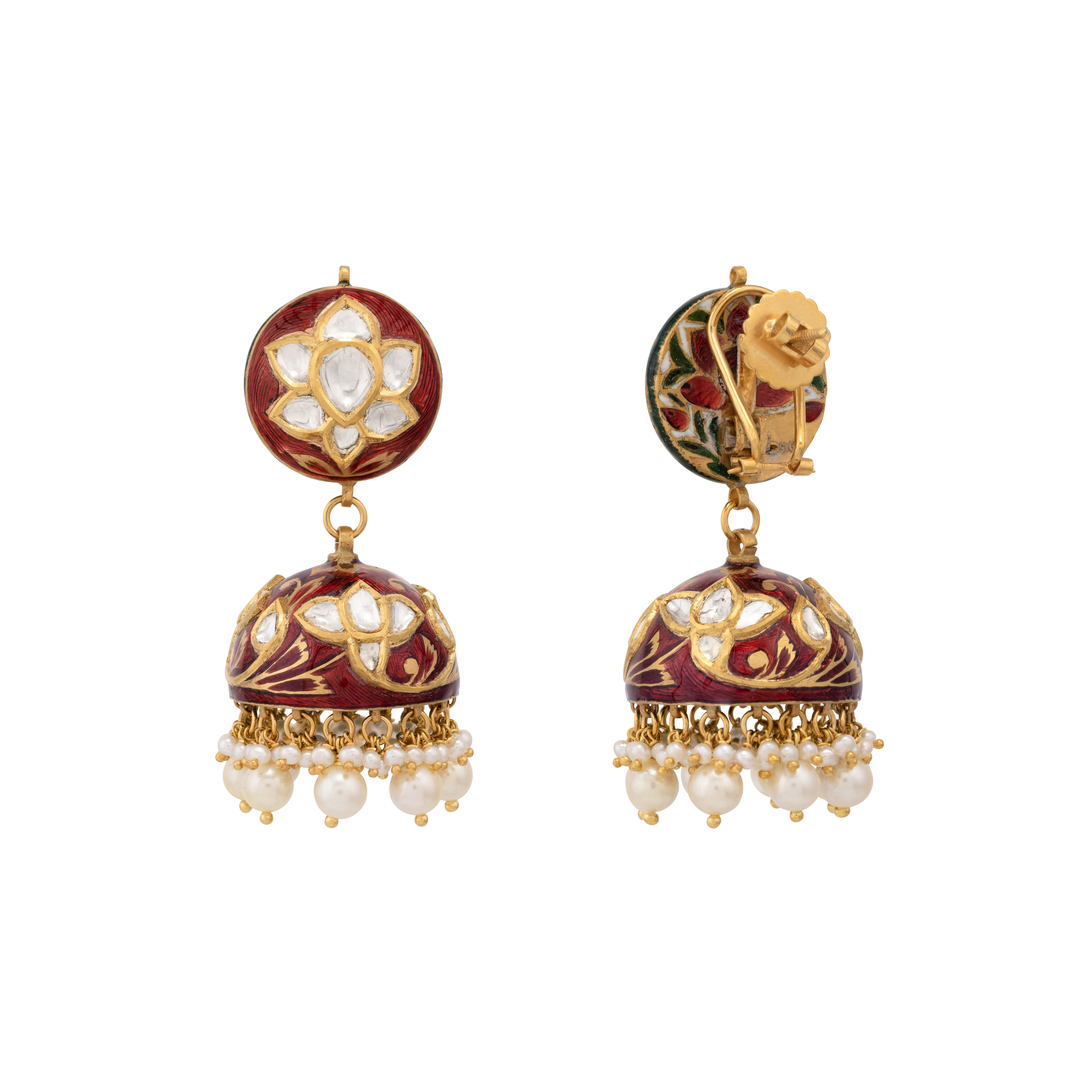 Floral Polki Jhumki with Red Enamel and Pearl Drops